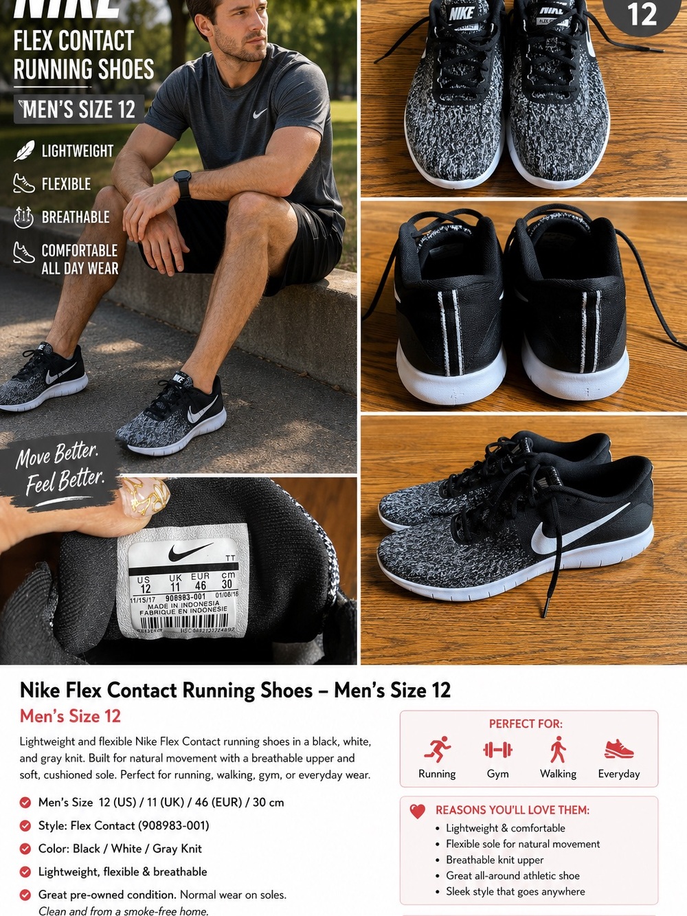Nike Flex Contact Running Shoes Men’s Size 12 Black White Gray Athletic Sneakers